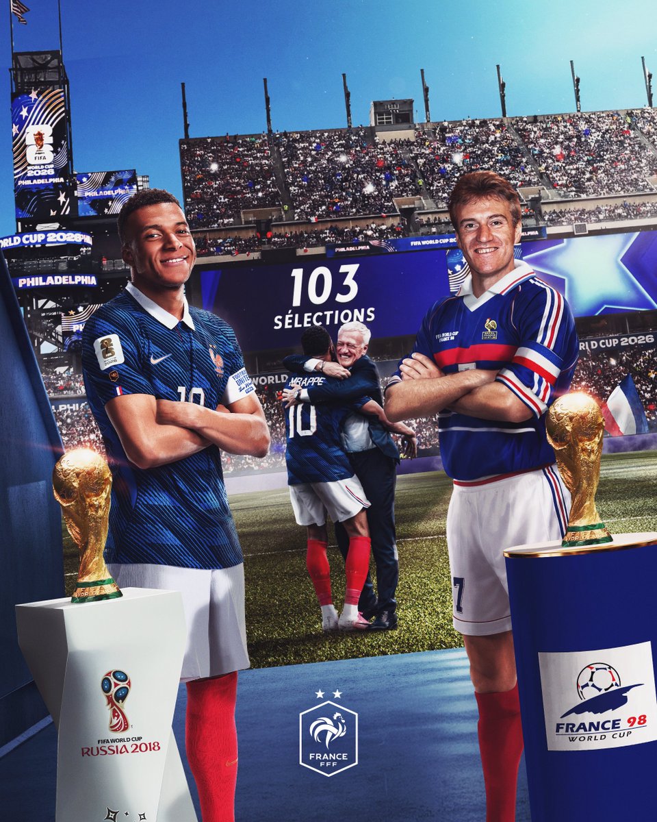 equipedefrance's tweet photo. Mbappé 🤝 Deschamps

@KMbappe rejoint Didier Deschamps avec 103 sélections sous le maillot tricolore 🇫🇷

Le capitaine de l’Équipe de France partage désormais avec son sélectionneur la 9ᵉ place du classement des joueurs les plus capés de l’histoire des Bleus 💙