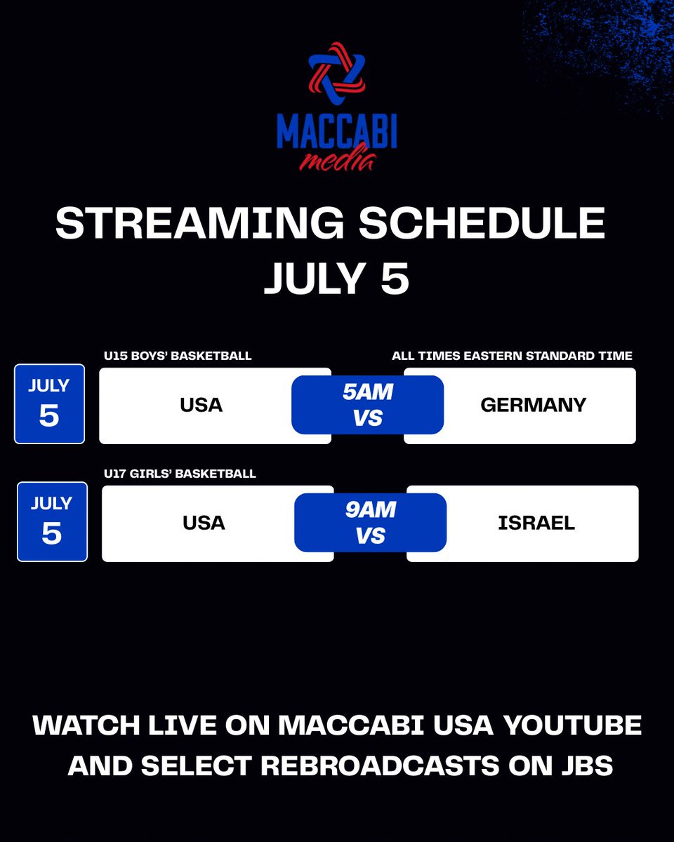 MaccabiUSA's tweet photo. We’ve got two amazing basketball games today streaming live on the Maccabi USA YouTube channel!

Watch the U15 Boys’ and U17 Girls’ Basketball games today live here:

https://t.co/n89mgMVqFS https://t.co/xumsKeAMUN