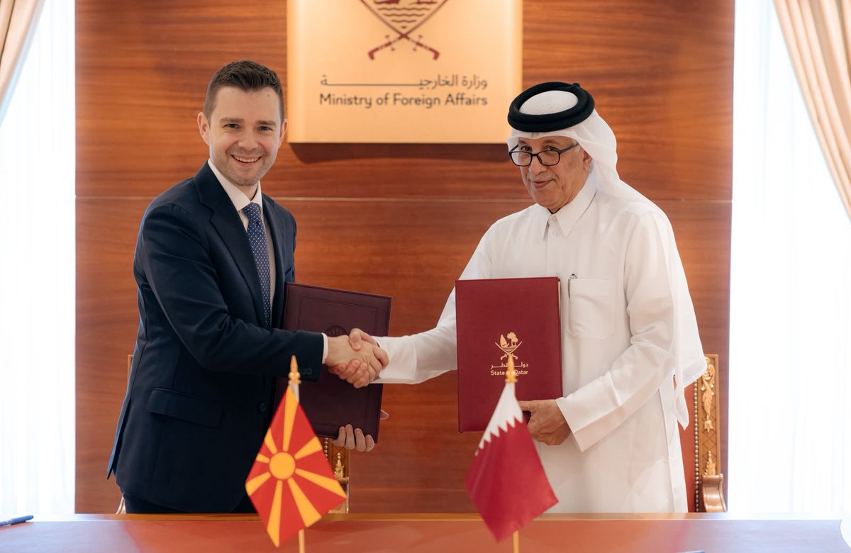 MofaQatar_EN's tweet photo. Qatar, North Macedonia Hold Political Talks

Doha | July 05, 2026

A round of political talks was held on Sunday in Doha between the Ministries of Foreign Affairs of the State of Qatar and the Republic of North Macedonia.

The Qatari side was headed by HE Minister of State for Foreign Affairs Sultan bin Saad Al Muraikhi, while the Macedonian side was headed by HE Minister of Foreign Affairs and Foreign Trade Timcho Mucunski.

During the political talks, relations between the two countries and ways to support and develop them were discussed, in addition to a number of issues of common interest.

Following the talks, the two governments signed three agreements: an agreement to establish political consultations between the two foreign ministries, an agreement in the field of diplomatic training and development, and an agreement on the mutual exemption from entry visa requirements for holders of diplomatic, special, and official passports.

The agreements were signed on behalf of the State of Qatar by His Excellency the Minister of State for Foreign Affairs, and on behalf of the Macedonian side by His Excellency the Minister of Foreign Affairs.

#MOFAQatar