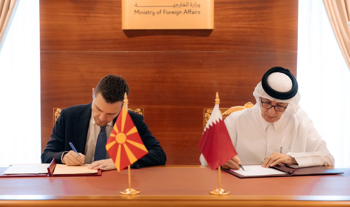 MofaQatar_EN's tweet photo. Qatar, North Macedonia Hold Political Talks

Doha | July 05, 2026

A round of political talks was held on Sunday in Doha between the Ministries of Foreign Affairs of the State of Qatar and the Republic of North Macedonia.

The Qatari side was headed by HE Minister of State for Foreign Affairs Sultan bin Saad Al Muraikhi, while the Macedonian side was headed by HE Minister of Foreign Affairs and Foreign Trade Timcho Mucunski.

During the political talks, relations between the two countries and ways to support and develop them were discussed, in addition to a number of issues of common interest.

Following the talks, the two governments signed three agreements: an agreement to establish political consultations between the two foreign ministries, an agreement in the field of diplomatic training and development, and an agreement on the mutual exemption from entry visa requirements for holders of diplomatic, special, and official passports.

The agreements were signed on behalf of the State of Qatar by His Excellency the Minister of State for Foreign Affairs, and on behalf of the Macedonian side by His Excellency the Minister of Foreign Affairs.

#MOFAQatar