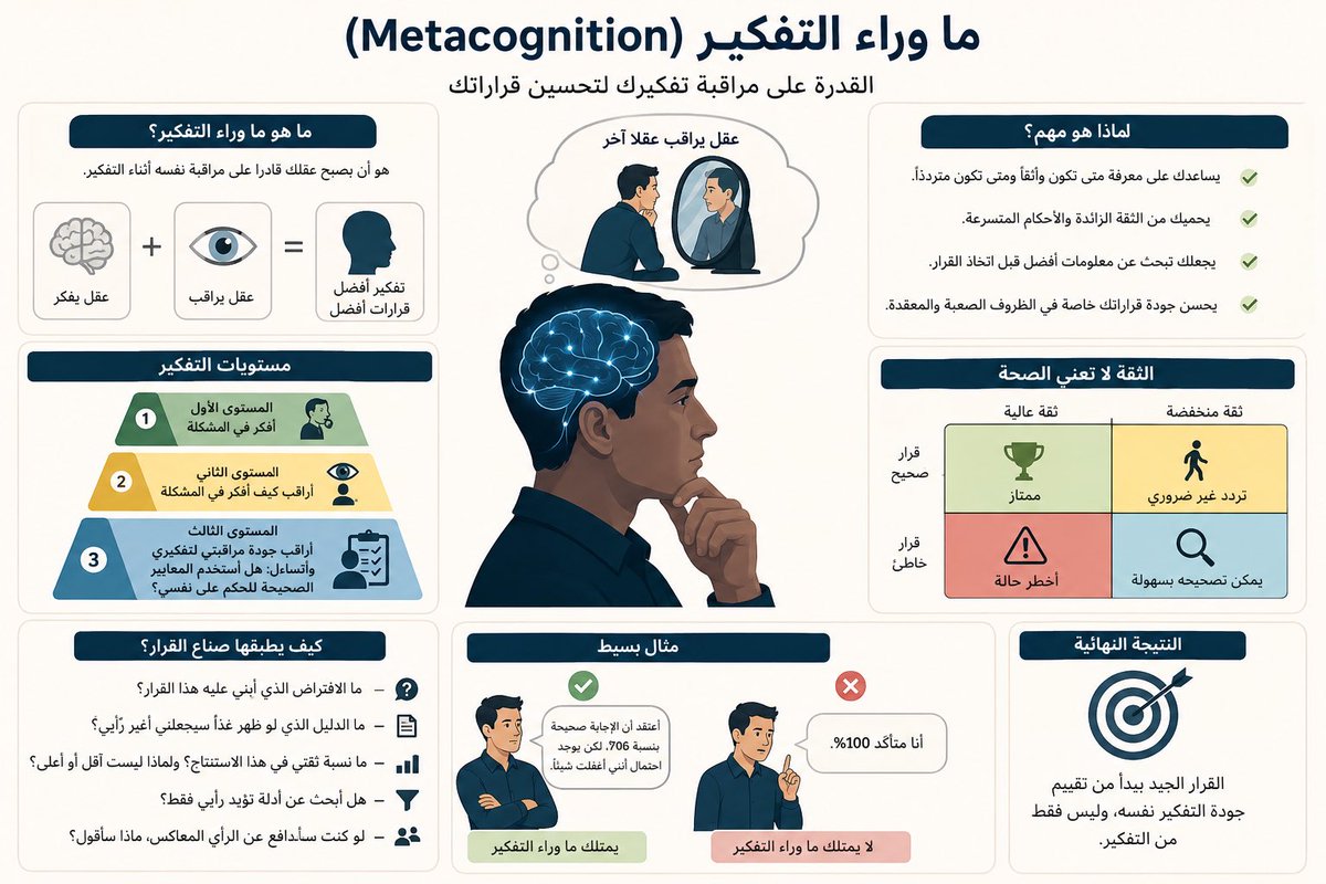MajeedAlsolime's tweet photo. ما وراء التفكير (Metacognition)

هذا الموضوع يعتبر من أكثر المواضيع تطورًا في آليات التفكير البشري.

المشكلة ليست كيف تفكر… بل كيف تعرف أن تفكيرك صحيح أو خاطئ؟
وهنا يأتي مفهوم ما وراء التفكير (Metacognition)، والذي يمكن تعريفه ببساطة بأنه:
أن يصبح عقلك قادرًا على مراقبة نفسه أثناء التفكير.
أي أن لديك “عقلًا يفكر”، وفي نفس الوقت لديك “عقلًا يراقب طريقة تفكيرك”.
مثال بسيط
تخيل شخصين أجابا على سؤال.
الأول قال:
“أنا متأكد 100%.”
الثاني قال:
“أعتقد أن الإجابة صحيحة بنسبة 70%، لكن يوجد احتمال أنني أغفلت شيئًا.”

قد يكون الاثنان مخطئين أو مصيبين، لكن الشخص الثاني يمتلك Metacognition أعلى، لأنه لا يقيّم الإجابة فقط، بل يقيّم درجة ثقته في الإجابة.
وهذه مهارة مستقلة عن الذكاء.
 
لماذا يعتبر هذا مهمًا؟
وجدت الأبحاث أن الأشخاص الأكثر نجاحًا في اتخاذ القرار ليسوا دائمًا الأكثر ذكاءً.
بل هم الذين يعرفون:
متى يثقون بأنفسهم.
ومتى يجب أن يتوقفوا ويجمعوا معلومات إضافية.
ومتى يطلبون رأيًا آخر.
ومتى يكون إحساسهم بالثقة مجرد وهم.
بمعنى آخر:
القرار الجيد يبدأ من تقييم جودة التفكير نفسه، وليس فقط من التفكير. 
أكبر مشكلة في البشر
هناك ظاهرة معروفة في علم النفس:
الإنسان غالبًا لا يعرف أنه لا يعرف.

وهذه أخطر من الجهل نفسه.
فالجاهل الذي يعلم أنه جاهل سيتعلم.
أما الجاهل الذي يعتقد أنه خبير فلن يبحث أصلًا.
ولهذا نجد بعض الأشخاص يتحدثون بثقة كبيرة في موضوع لا يعرفون عنه إلا القليل.
بينما الخبير الحقيقي يقول كثيرًا:
“دعني أتأكد.”
 
مثال للتنفيذيين.
افترض أنك رئيس تنفيذي.
وصلتك ثلاثة تقارير.
بعد خمس دقائق قلت:
“القرار واضح.”
السؤال الذي يطرحه علم Metacognition عليك ليس:
هل قرارك صحيح؟
بل يسأل أولًا:
لماذا شعرت أنه واضح؟
هل لأنك:
رأيت موقفًا مشابهًا سابقًا؟
أم لأن التقرير كُتب بطريقة مقنعة؟
أم لأن أول معلومة قرأتها أثرت عليك؟
أم لأنك مستعجل؟
أم لأنك بالفعل حللت الأدلة؟
هذا سؤال من مستوى أعلى.
إنه يراقب آلية التفكير وليس نتيجة التفكير.
 
مستويات التفكير
يمكن تصورها كالتالي:
المستوى الأول
أفكر في المشكلة.
المستوى الثاني
أراقب كيف أفكر في المشكلة.
المستوى الثالث
أراقب جودة مراقبتي لتفكيري، وأتساءل: هل أستخدم المعايير الصحيحة للحكم على نفسي؟
القادة والمستشارون المتميزون يقضون وقتًا أطول في المستويين الثاني والثالث مقارنة بالمستوى الأول.

الهدف من Metacognition هو أن تصبح درجة ثقتك متناسبة مع جودة أدلتك، لا مع شعورك الداخلي.