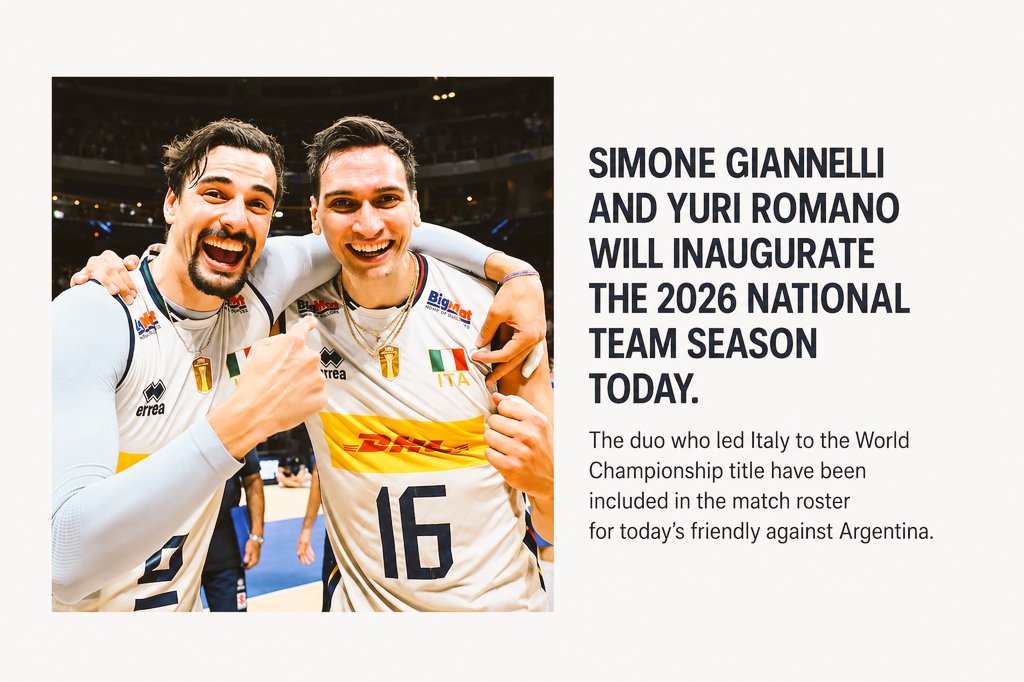 Jakub110Jakub's tweet photo. ❗️ THIS DUO IS BACK! 🇮🇹

Simone Giannelli oraz Yuri Romano dzisiejszym meczem towarzyskim z reprezentacją Argentyny zainaugurują, nieoficjalnie, sezon reprezentacyjny 2026. ✅️

Foto: Volleyball World 
#podsiatka https://t.co/hzh6LiELTZ