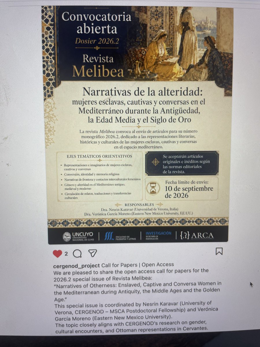 nesrinella's tweet photo. Convocatoria abierta del dossier 2026.2 de Revista Melibea, que coordino junto con Verónica García Moreno: mujeres esclavas, cautivas y conversas en el Mediterráneo. Envíos hasta el 10 de septiembre. #cervantes https://t.co/o3R8vjUNMi