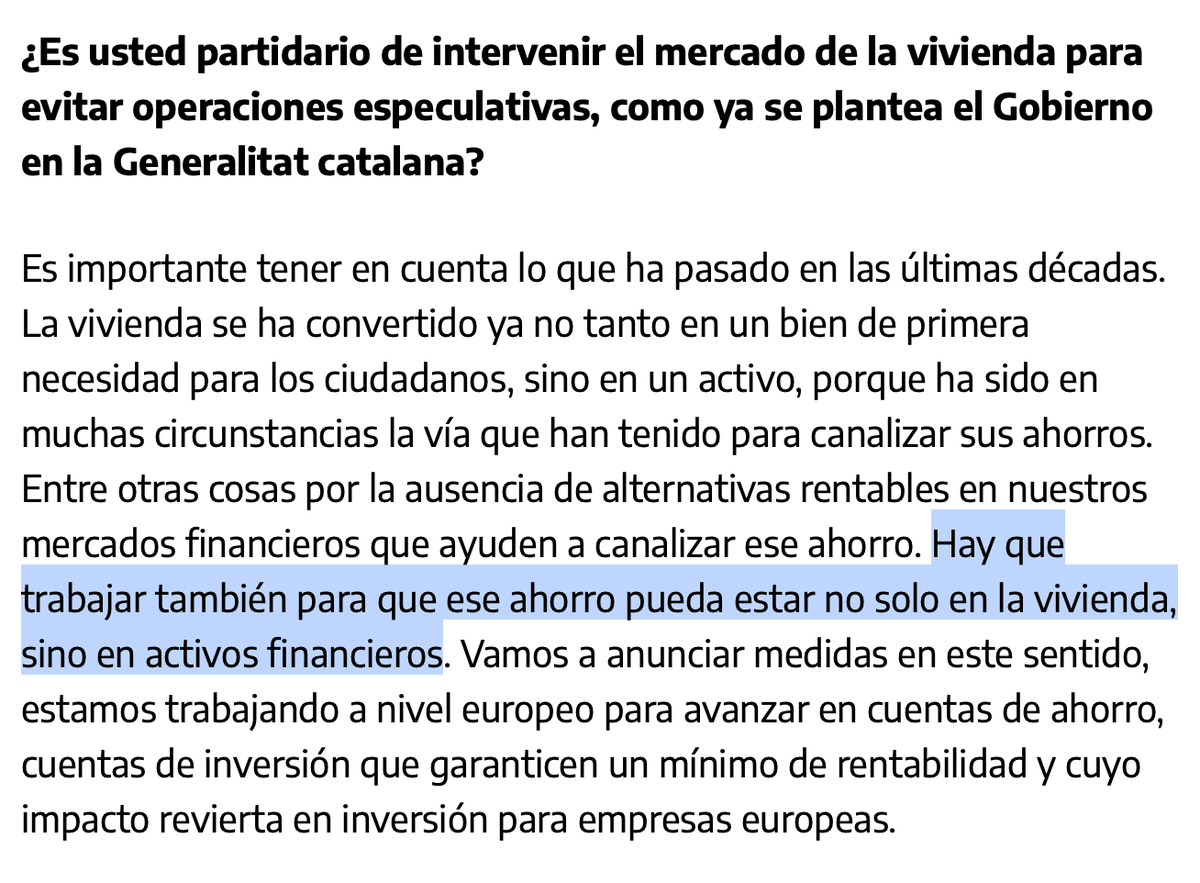 JorgeGalindo's tweet photo. Tres notas a resaltar en las respuestas sobre vivienda del vicepresidente @carlos_cuerpo en su entrevista de hoy con @iescolar. Todas de diagnóstico a mi juicio acertado:

1. Es un problema, sobre todo, de escasez de oferta
2. La trampa del alquiler: no puedes ahorrar para la entrada porque es muy alta y te lo gastas todo en alquiler
3. Un ahorro demasiado sesgado hacia la vivienda, que precisamente al tener un coste de entrada tan alto, detrae de opciones más accesibles

Ahora, un par de comentarios sobre cómo abordarlas.

→ Incrementar la oferta requiere revisar qué resta incentivos e inyecta incertidumbre a construir, *también al sector público*. Una auto-auditoría regulatoria/burocrática es urgente, y lo es sobre todo a nivel autonómico y local. A nivel estatal, la atascada reforma de la Ley del Suelo ayudaría mucho. Creo que hace falta un discurso y una acción más decidida (y alineada entre partidos y administraciones) en ese sentido.
→ Los programas tipo aval o préstamo con soporte público para cubrir la entrada suenan bien y pueden funcionar, pero es *imprescindible que la oferta suba en paralelo*: meter dinero en la demanda con oferta inelástica puede acabar incrementando los precios (eso pasó en Londres con el programa Help to Buy) porque lo absorbe la oferta con poder de mercado.
→ La oferta de vehículos de ahorro / inversión con una barrera de entrada relativamente baja es más abundante y accesible hoy en España que hace una década o dos (ETFs, fondos indexados en los que puedes empezar desde poco capital de partida). El trabajo para incrementarlo y anclarlas en Europa es buena idea, pero creo que también podemos preguntarnos qué intervenciones más acotadas podemos poner en marcha para incentivar el uso de los vehículos que ya existen entre la clase media en adelante de gen-z y milenial.

La entrevista entera vale la pena. https://t.co/3N8r93M9qH