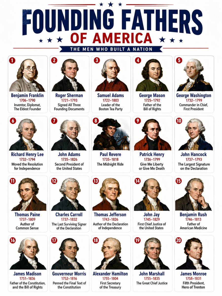TheDataHubX's tweet photo. Founding Fathers of the United States

1. Benjamin Franklin - Inventor, diplomat, and the oldest Founding Father
2. Roger Sherman - Only person to sign all three founding documents
3. Samuel Adams - Leader of the Boston Tea Party
4. George Mason - Father of the Bill of Rights
5. George Washington - Commander-in-Chief and the 1st U.S. President
6. Richard Henry Lee - Introduced the resolution for American independence
7. John Adams - 2nd U.S. President
8. Paul Revere - Famous for "The Midnight Ride"
9. Patrick Henry - Known for the quote: "Give me liberty, or give me death!"
10. John Hancock - Known for the largest signature on the Declaration of Independence
11. Thomas Paine - Author of *Common Sense*
12. Charles Carroll - Last surviving signer of the Declaration of Independence
13. Thomas Jefferson - Principal author of the Declaration of Independence
14. John Jay - First Chief Justice of the United States
15. Benjamin Rush - Known as the Father of American Medicine
16. James Madison - Father of the U.S. Constitution and the Bill of Rights
17. Gouverneur Morris - Wrote the final wording of the U.S. Constitution
18. Alexander Hamilton - First U.S. Secretary of the Treasury
19. John Marshall - Influential Chief Justice of the U.S. Supreme Court
20. James Monroe - 5th U.S. President