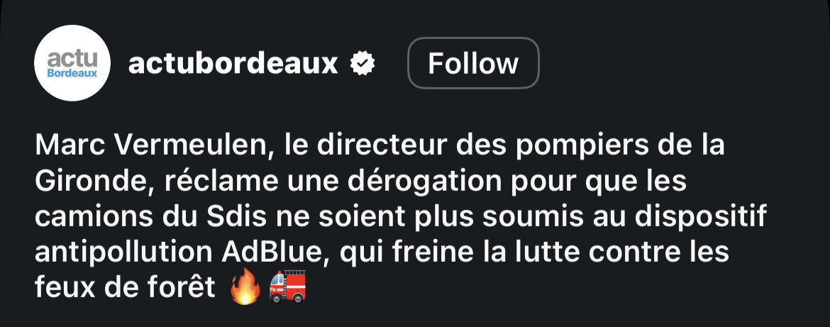 GregoryAllione's tweet photo. C’est un non sens écologique.

Empêcher l’intervention d’un camion de pompiers au nom de la réduction de quelques kilogrammes d’oxydes azotés…. Alors que des hectares de nos forêts partent en fumée ?

L’utilisation d’Adblue pour réduire les émissions peut malheureusement causer l’immobilisation des camions.
En pleine crise, c’est absurde.

Un seul hectare de forêt qui part en fumée relâche l’équivalent de plusieurs centaines de tonnes de CO₂. Sans compter les sols détruits, la biodiversité anéantie, et des décennies de capacité de stockage de carbone perdues en quelques heures.

L’écologie du XXI siècle doit être une écologie de résultats, une écologie pragmatique.

Adaptons nos normes, c’est du bon sens.