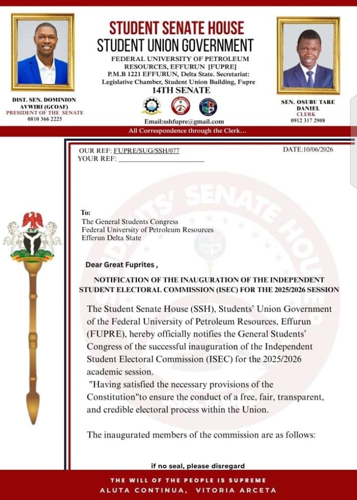 FUPRE_ISEC's tweet photo. Welcome to the official X page of the FUPRE independent electoral commission. 🏛️

Inaugurated on June 10th, 2026, we've been working rigorously behind the scenes. Now, we bring the process to the limelight!

Follow for official election updates and guidelines. 👇

#FUPREDecides https://t.co/M6lds8qHqV