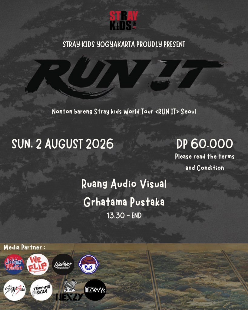 straykids_yk's tweet photo. STAY YK proudly present

Nobar STAY YK : World Tour <RUN IT SEOUL>
  
📆 Minggu, 2 Agustus 2026
🕰️ 15:00 - 20:00 WIB
📍 Grhatama Pustaka [Ruang Audio Visual]
🎟 DP Rp.60.000/Pax 
👚 Casual/Black &amp; White

For more information, please contact admin via DM @straykids_yk‼️ https://t.co/DozRLOZeId
