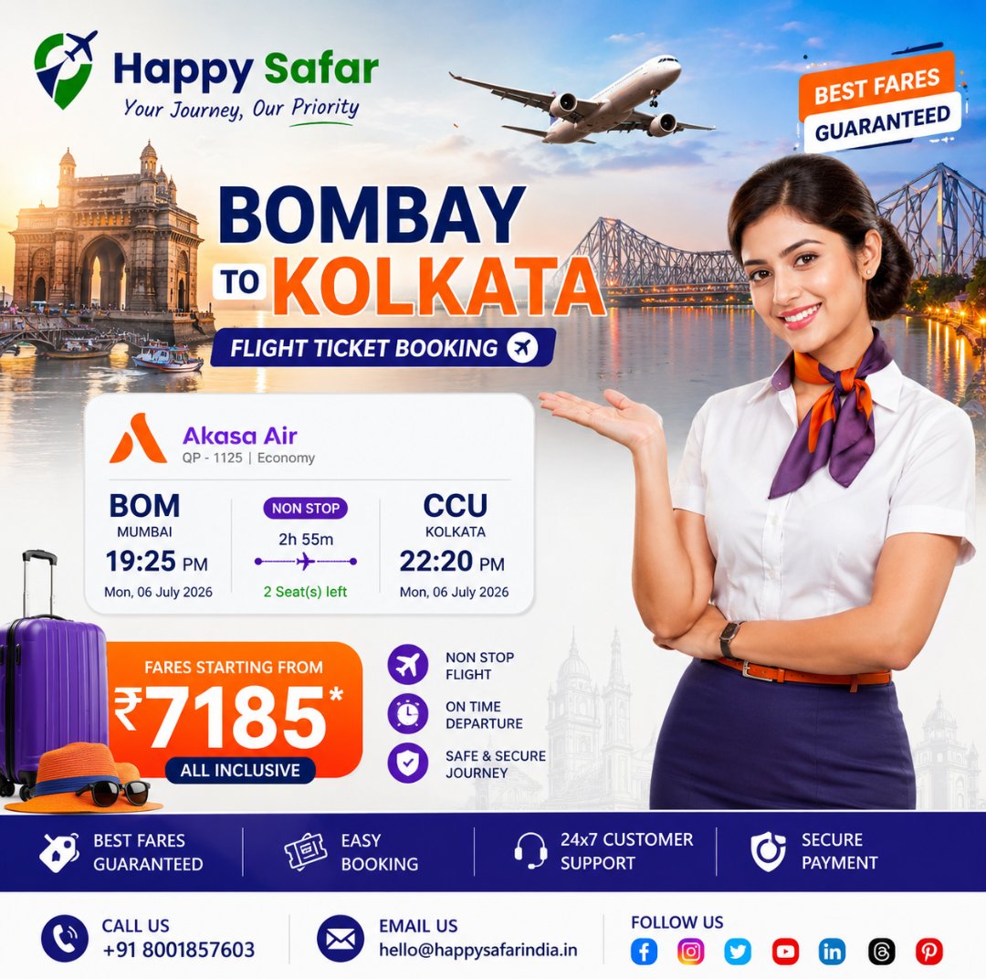 HappySafarIndia's tweet photo. Fly Akasa Air with comfort and convenience at fares starting from just ₹7,185!* Book your non-stop journey today and enjoy a smooth travel experience with Happy Safar India.
#HappySafarIndia #AkasaAir #MumbaiToKolkata #FlightBooking #BestAirfare #TravelDeals #NonStopFlight https://t.co/YgYoiSd778