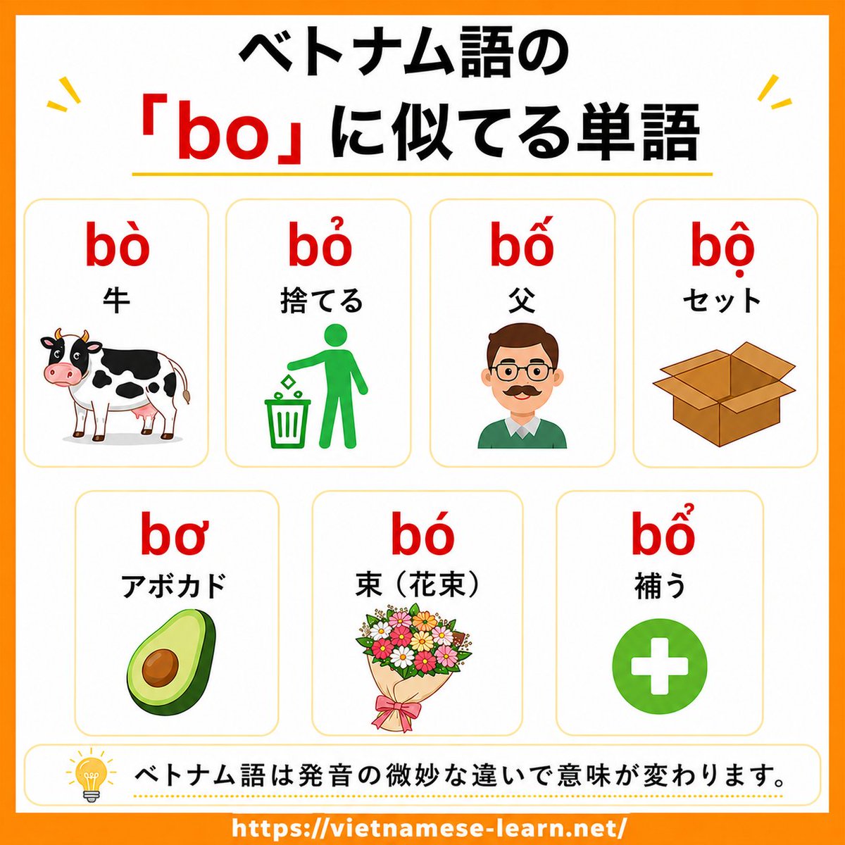 Viet_Learn_Info's tweet photo. 似てる単語が多すぎる件🇻🇳

🐄 bò → 牛

🗑️ bỏ → 捨てる

👨 bố → 父

📦 bộ → セット

🥑 bơ → アボカド

💐 bó → 束

➕ bổ → 補う https://t.co/Fm9dzMFOQt