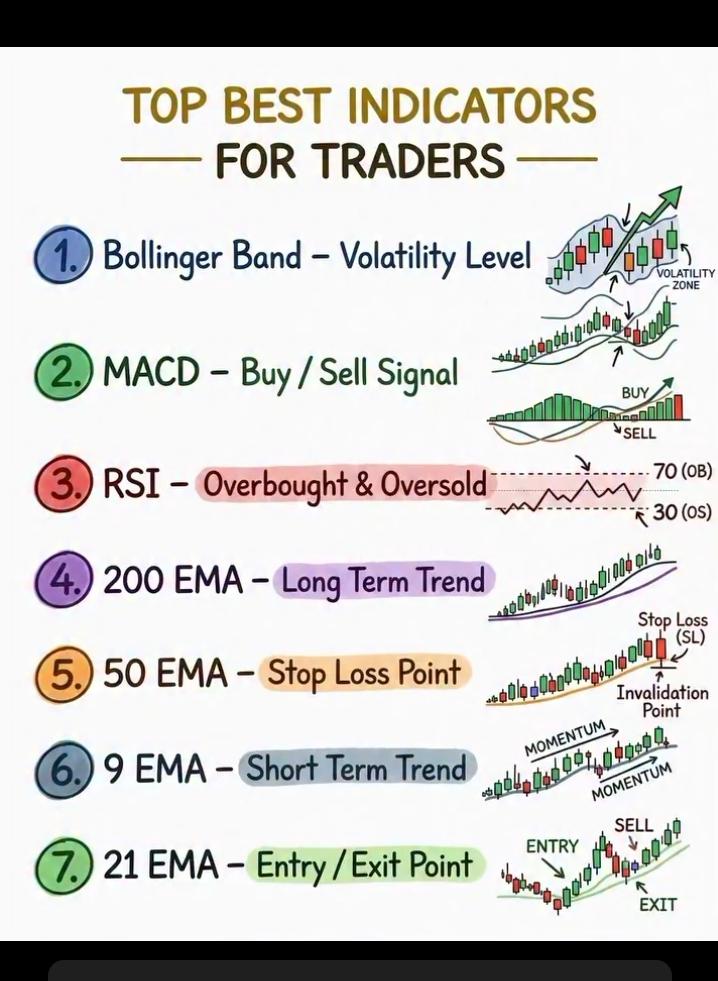 kasegeno19104's tweet photo. MUST-HAVE INDICATORS FOR EVERY TRADER✍️

Stop guessing and start trading with a clear system. Master these tools to read the market like a pro:

👉 Bollinger Bands – Measures volatility. Price usually stays inside the bands; watch for breakout squeezes.

👉 MACD – Your primary buy/sell signal. Watch for crossovers above or below the zero line.

👉 RSI (Relative Strength Index) – Identifies overbought (>70) and oversold (<30) market conditions.

👉 200 EMA – Defines the long-term trend. Price above = bull market, below = bear market.

👉 50 EMA – Your dynamic stop-loss level. Price breaking this often signals a trend reversal.

👉 9 EMA – Captures short-term momentum. Great for scalping quick moves.

👉 21 EMA – The "trigger line." Use this for precise entry and exit points on your charts.

💡 Pro Tip: Don't use all 7 at once! Pick a trend filter (200 EMA) + a momentum signal (MACD) + an entry trigger (21 EMA) for a clean, unfiltered setup.

Which one is your "go-to" indicator? Drop a comment below! 👇