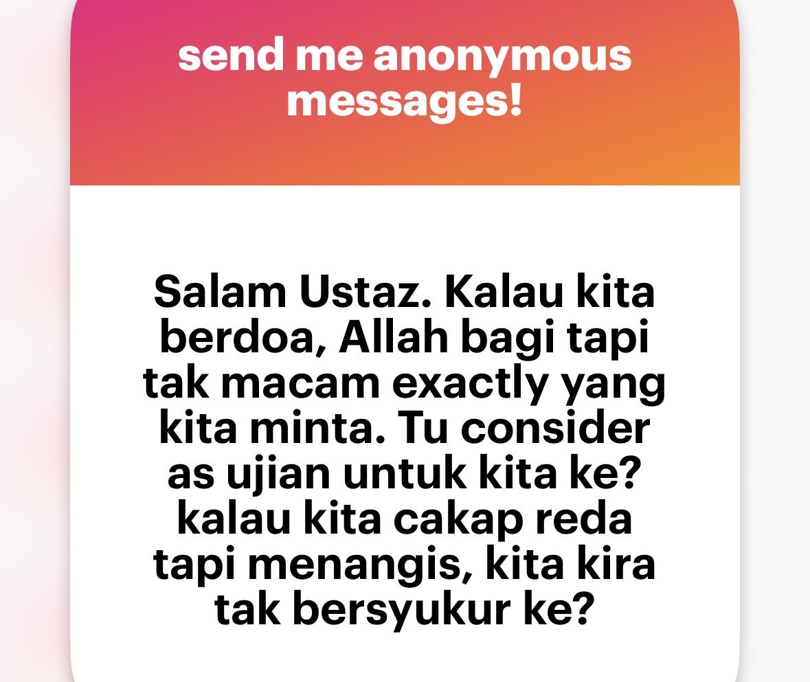 mnasrullah00's tweet photo. Waalaikumussalam 

Kalau mohon doa tapi tak dapat waktu tersebut, bererti kita tak perlukan benda tu waktu ni.

Maha Kasih dan Tahunya Allah ﷻ berkenaan kondisi dan keperluan kita.

Para salaf dahulu akan lebih bersyukur jika tak dapat, sebab mereka tahu yang Allah tak beri sebab benda tu belum/tak diperlukan oleh kita.