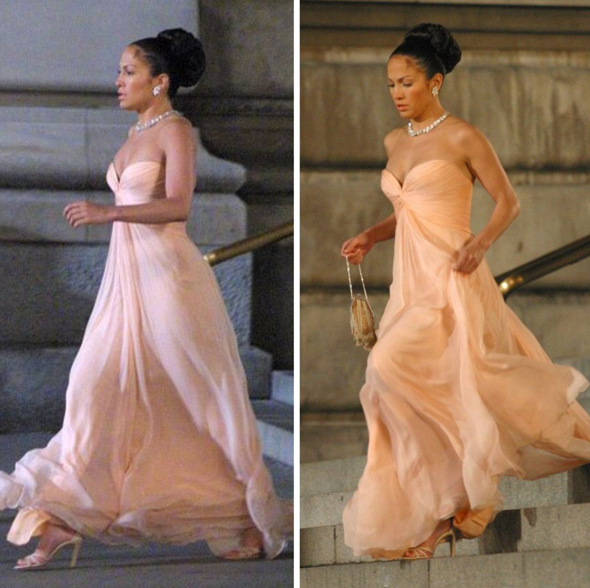 jennifer lopez pink dress maid in manhattan Bob Mackie | Did you know that the pale coral silk chiffon, strapless gown @ jlo wears in the movie 'Maid In Manhattan' was designed by Bob Mackie?  It