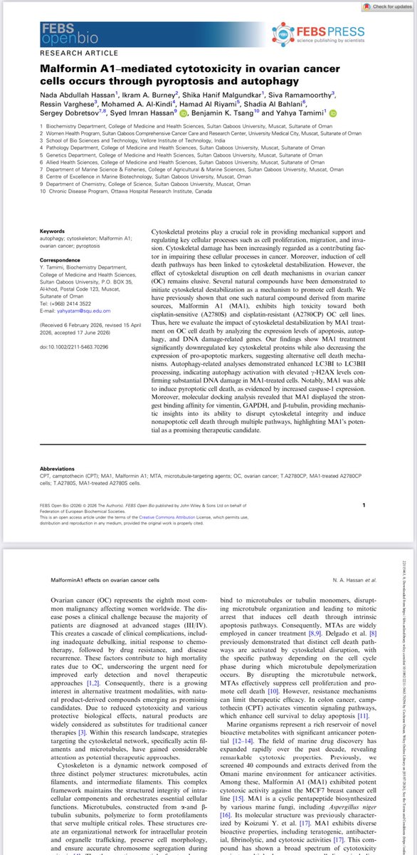 CEMBMarBio's tweet photo. The Center congratulates Prof Sergey Dobretsov on publishing a scientific paper entitled "Malformin A1–mediated cytotoxicity in ovarian cancercells occurs through pyroptosis and autophagy". Available at: https://t.co/VwiR0OWsfu https://t.co/pCgiYnFOzP