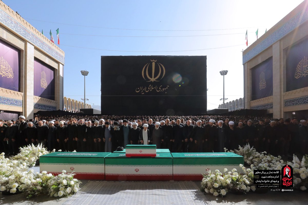aliakbar_1980's tweet photo. The eternal image of the funeral prayer for the unparalleled Leader of the Islamic Revolution, Grand Ayatollah Seyyed Ali Hosseini Khamenei  the heavens themselves mourned this farewell. 
#WeMustRise https://t.co/3ypVVZctwA