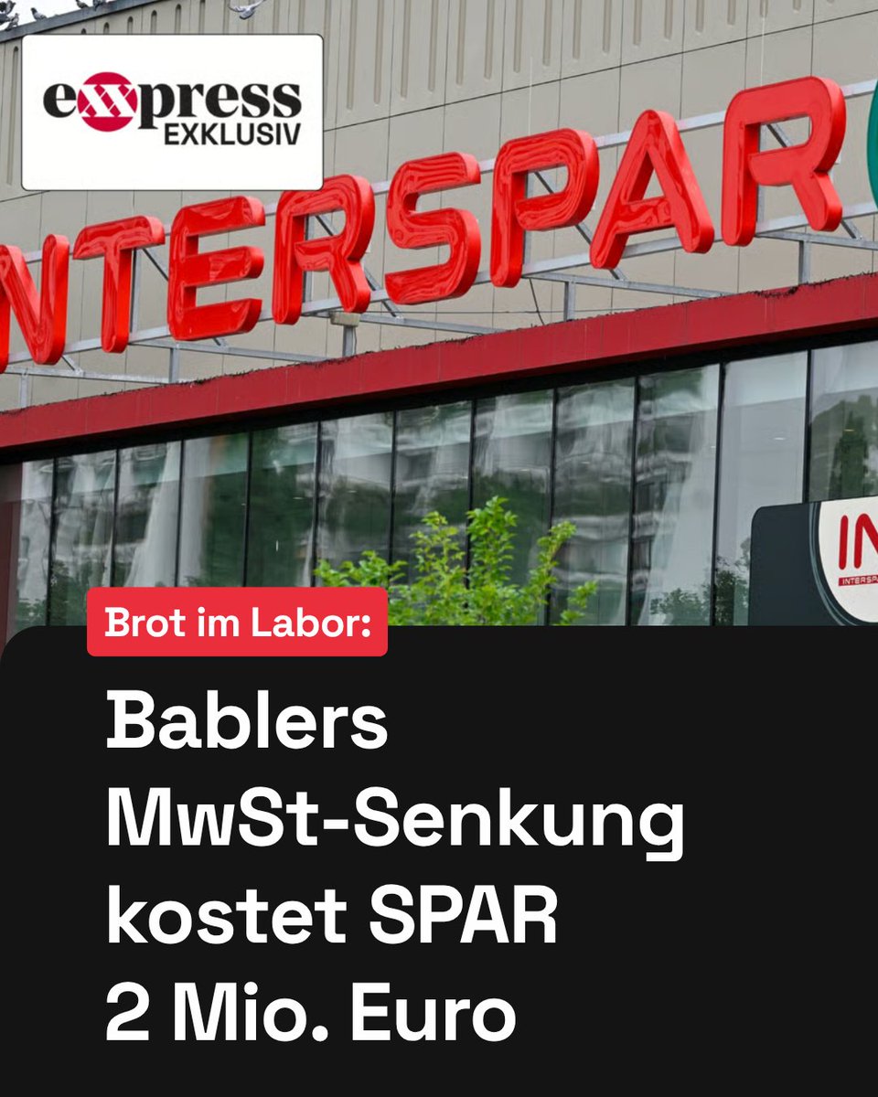 exxpressat's tweet photo. Bablers Entlastung für den Bürger kostet SPAR 2 Millionen Euro. Labore die Brot prüfen, 1,6 Millionen neue Etiketten, tausende umprogrammierte Preise. Auch BILLA spricht von erheblIchem Mehraufwand. Diese Kosten zahlt am Ende der Konsument. Mehr dazu im Artikel: https://t.co/t3fgGKNtVp

#SPAR #Mehrwertsteuer #Lebensmittel #Bürokratie #exxpress