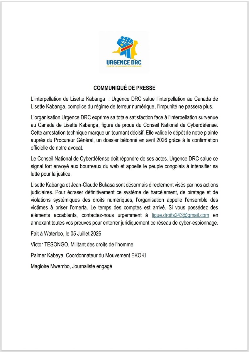TesongoVictor's tweet photo. L'interpellation de #Lisette_Kabanga au #Canada soulage plus de 150 victimes recensées.

L'étau se resserre : #Lisette_Kabanga et #JC_Bukasa sont désormais visés par une procédure judiciaire que nous avons engagée au #Canada pour violations graves des droits humains.
Communiqué👇 https://t.co/VRXP6eISlh