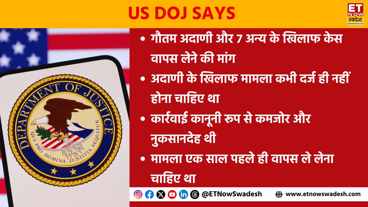 ETNowSwadesh's tweet photo. US DOJ ने कोर्ट से अदाणी और 7 अन्य के खिलाफ केस वापस लेने की मांग की, कहा- 'यह केस कभी दर्ज ही नहीं होना चाहिए था, यह कानूनी रूप से कमजोर और नुकसानदेह था'
#AdaniGroup #GautamAdani #USCourts #USDoJ #ETNSNews https://t.co/yAlTIFEQhB