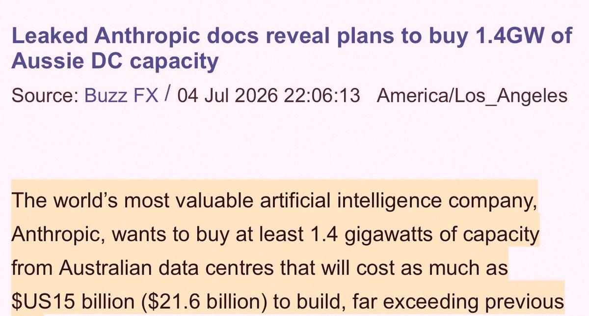 RioSatoshi's tweet photo. Anthropicの内部資料が流出して、オーストラリアから約1.4GWの電力を確保する計画が判明。総額は約216億ドルになるらしい。

最近$IRENや$SHAZみたいなNeocloud企業が豪州で政府系データセンターを建設してるんだよね。

こうしてみると、いろんな話がつながってきて納得感あるな？

（開示：上 https://t.co/qYyA4mtoIc