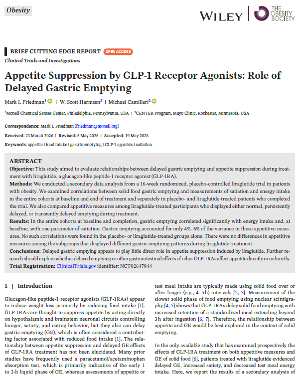scottisaacsmd's tweet photo. Delayed gastric emptying appears to contribute only modestly to the appetite-suppressing effects of GLP-1 receptor agonists, with central  mechanisms playing a more dominant role.
https://t.co/g4lmD6Yzl3 https://t.co/0MABYdPqRL