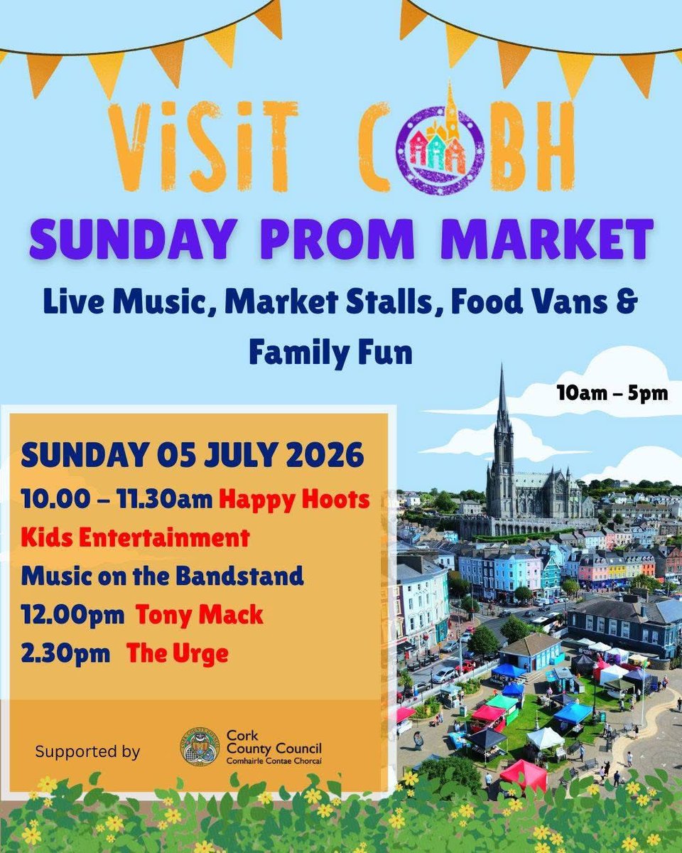 CobhTourism's tweet photo. #Cobh  SUNDAY PROM MARKET today  😍
Happy Hoots Children's Entertainment from 10am

Tony Mack Singer from 12noon

The Urge from 2.30 pm

Sharon Piper's  Merry Go Round Events.  + Food vans, Craft &amp; Gift Stalls https://t.co/wrQfjgMw5G
