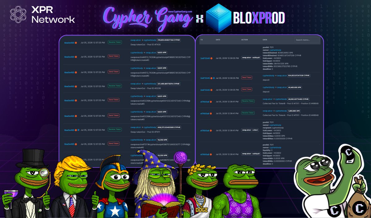 CypherGangNFT's tweet photo. 🚀 Another $CYPHR buyback is in the books

💜 This time, 77,700 $XPR came from @bloxprodio, who voluntarily contributes 10% of their Block Producer rewards back into the @CypherGangNFT ecosystem https://t.co/YqJv8NaCZf
