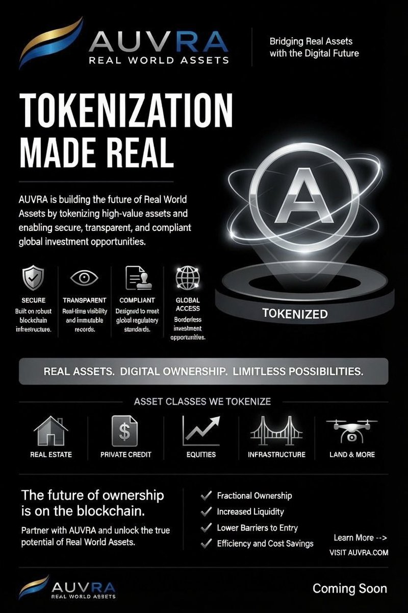AuvraRWA's tweet photo. From tangible assets to digital ownership, AUVRA is redefining how value is created, managed, and accessed through secure blockchain-powered real-world asset tokenization.
#AUVRA #RWA #RealWorldAssets #Tokenization #Blockchain #DigitalAssets #Web3 #PropTech #AssetTokenization https://t.co/DWBs4Tk1AO