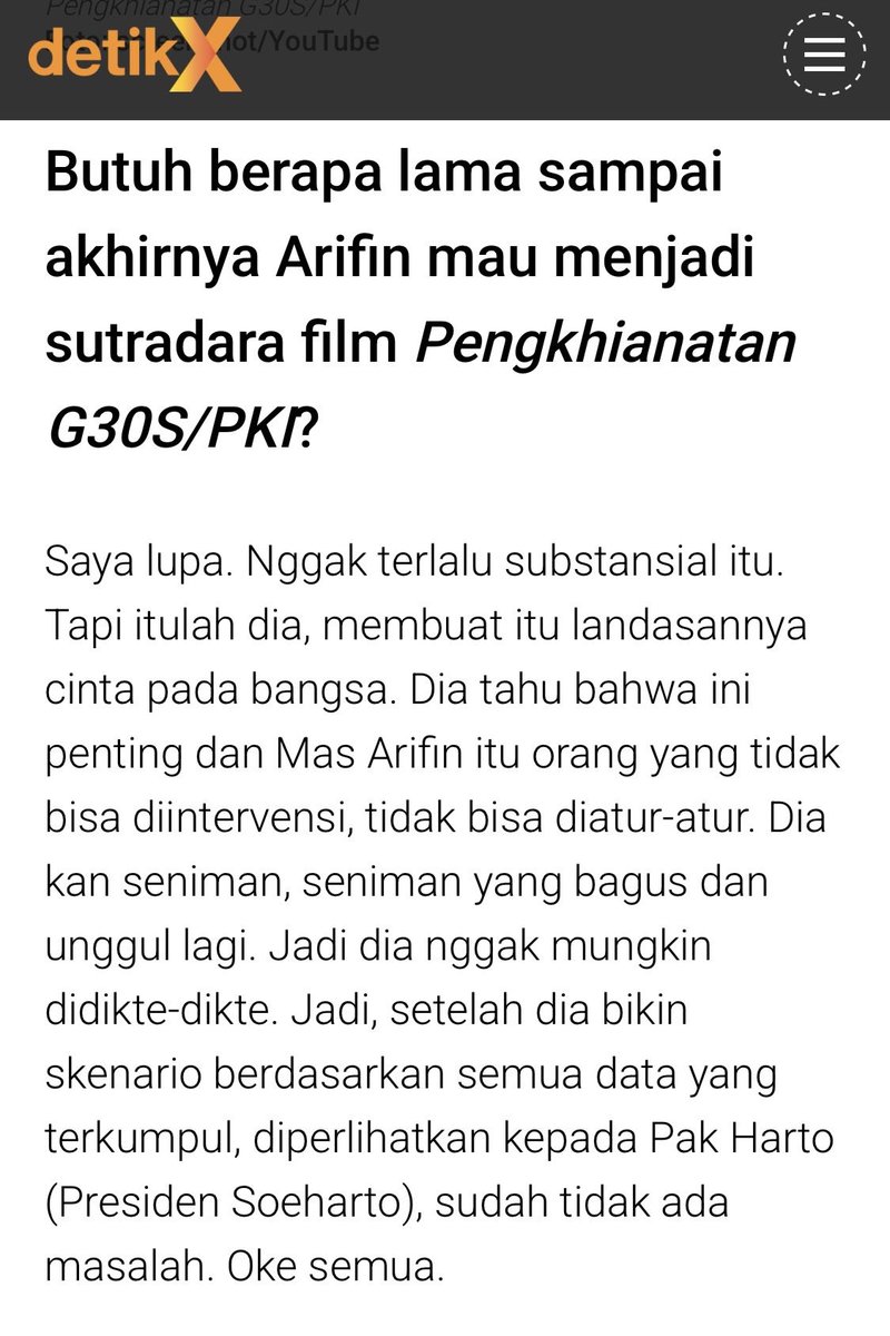 parlefeu's tweet photo. Mbak @NaziraCNoer, beberapa orang menganggap Pak Arifin C Noer turut bertanggung jawab justru karena wawancara Ibu Jajang C Noer ini.

Tidak ada paksaan &amp; penyesalan untuk menggarap proyek yg juga didukung @gm_gm, Nugroho Notosusanto, &amp; Gufron Dipayana ini.

Mohon diskusinya 🙏🏼 https://t.co/bLnaooFzKI