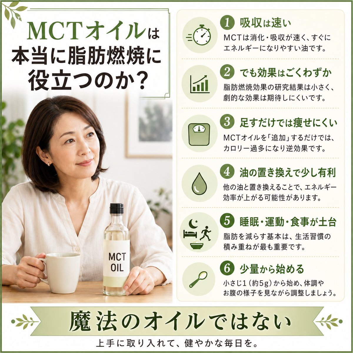 ys37164030's tweet photo. MCTオイルは本当に脂肪燃焼に役立つのか？

「コーヒーにMCTオイルを入れると痩せるんですよね？」

こう聞かれることがあります。

最近はSNSでもよく見かけるので、
「飲むだけで脂肪が燃えるなら試してみたい」
と思うのも自然なことではないでしょうか？

ただ、ここは少し冷静に見た方がいいところです。

MCTオイルは、中鎖脂肪酸（炭素数が6〜12個程度の比較的短い鎖を持つ脂肪酸で、ココナッツオイルやパーム核油に多く含まれ、消化吸収が速い特徴があります）という脂質を多く含む油です。

一般的な油に多い長鎖脂肪酸（炭素の鎖が長く、消化の際に胆汁や酵素を必要とし、体内でゆっくり吸収される脂肪酸）よりも消化吸収が早く、体の中でエネルギーとして使われやすい特徴があります。

この点だけを見ると、

「じゃあ脂肪になりにくい」
「脂肪燃焼にいい」

と思われがちなんですよね。

実際、海外の研究やメタ解析でも、MCTを長鎖脂肪酸の油と置き換えた場合、体重や体脂肪がわずかに減る可能性は報告されています。

ただし、その効果はごくわずかです。

大切なのは、MCTオイルを摂取すれば痩せるのではなく、

今まで使っていた油や余分なカロリーと置き換えたときに、少し有利に働く可能性があるということです。

ここを間違えると、健康に良いと思って毎日スプーンで足しているつもりが、ただカロリーを上乗せしているだけになることもあります。

MCTオイルも油です。

小さじ1杯でもカロリーはあります。

つまり、体に良さそうな名前をしていても、食べすぎれば体脂肪として蓄えられる可能性は普通にある、ということなんですよね。

脂肪燃焼を考えるなら、本当に見るべきなのはMCTオイル単体ではありません。

睡眠が乱れている。
夜遅くに食べる。
運動量が少ない。
ストレスで甘い物が増える。

こうした生活習慣の土台が崩れていると、MCTオイルだけ頑張っても体は変わりにくいです。

体は、ひとつの食品で急に切り替わる機械ではありません。

食事、睡眠、筋肉量、活動量、自律神経、ストレスの状態まで含めて、少しずつ代謝の流れが作られていきます。

もし使うなら、まずは少量から。

お腹がゆるくなる方もいるので、いきなり大量に入れない方が安心です。

そして、バターやドレッシング、炒め油など、今まで使っていた油の一部と置き換えるくらいが現実的だと考えています。

でもMCTオイルは悪者ではありません。

魔法の脂肪燃焼オイルでもありません。

「何を足すか」より、
「何を減らすか」
「どんな生活リズムに整えるか」

ここを見る方が、体は変わりやすくなります。

まずは、朝のたんぱく質、日中の歩く量、夜の食べすぎ、睡眠の質。

このあたりを整えた上で、MCオイルを必要に応じて使う。

それくらいの距離感が、いちばん安全で続けやすいのではないでしょうか。