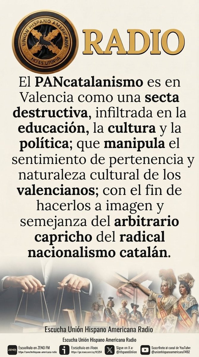 HispanoUnion's tweet photo. ¡DESPIERTA, VALENCIA!

El PANcatalanismo actúa como una secta destructiva infiltrada en nuestra educación, cultura y política. Manipulan nuestra identidad y nuestros sentimientos de pertenencia para someternos a los caprichos del radicalismo catalanista.

¡Basta de injerencias! https://t.co/3QilLBwVj5