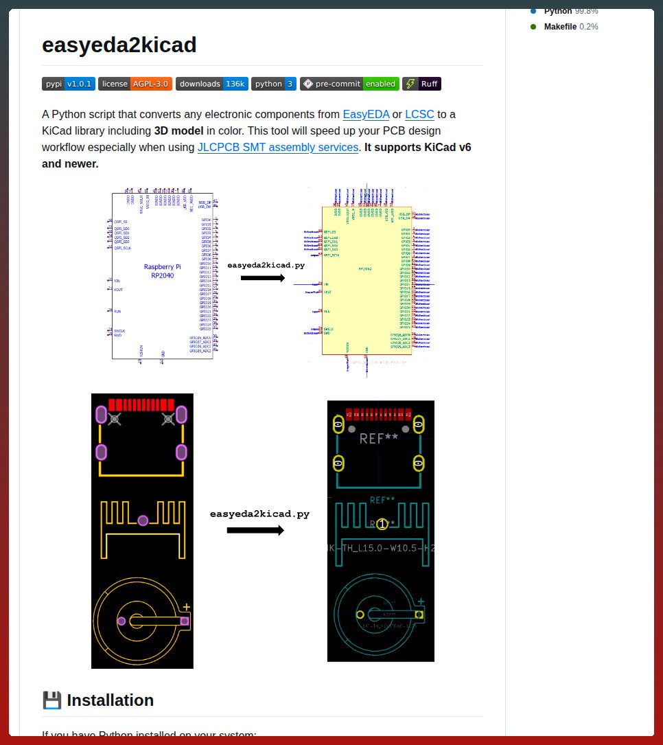tom_doerr's tweet photo. Converts EasyEDA or LCSC components to KiCad libraries with 3D models

https://t.co/Iw9fO0PCHI https://t.co/lVrKUCZmQV