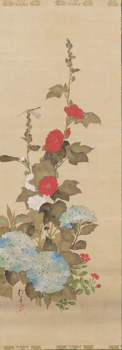 きょうの美術】 酒井 抱一《花鳥十二ヶ月図》 「六月 立葵紫陽花に蜻蛉