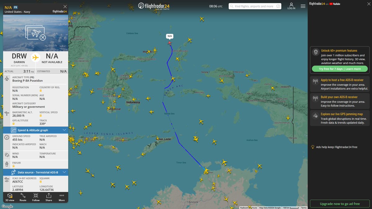 AIYeyENGDdJkjTr's tweet photo. July 5, 2026
#RAAF Base Darwin ==> #Clark Air Base, Philippines
#NoCALLSIGN #AE67CC USN P-8A Poseidon https://t.co/RwiyVyjt5H