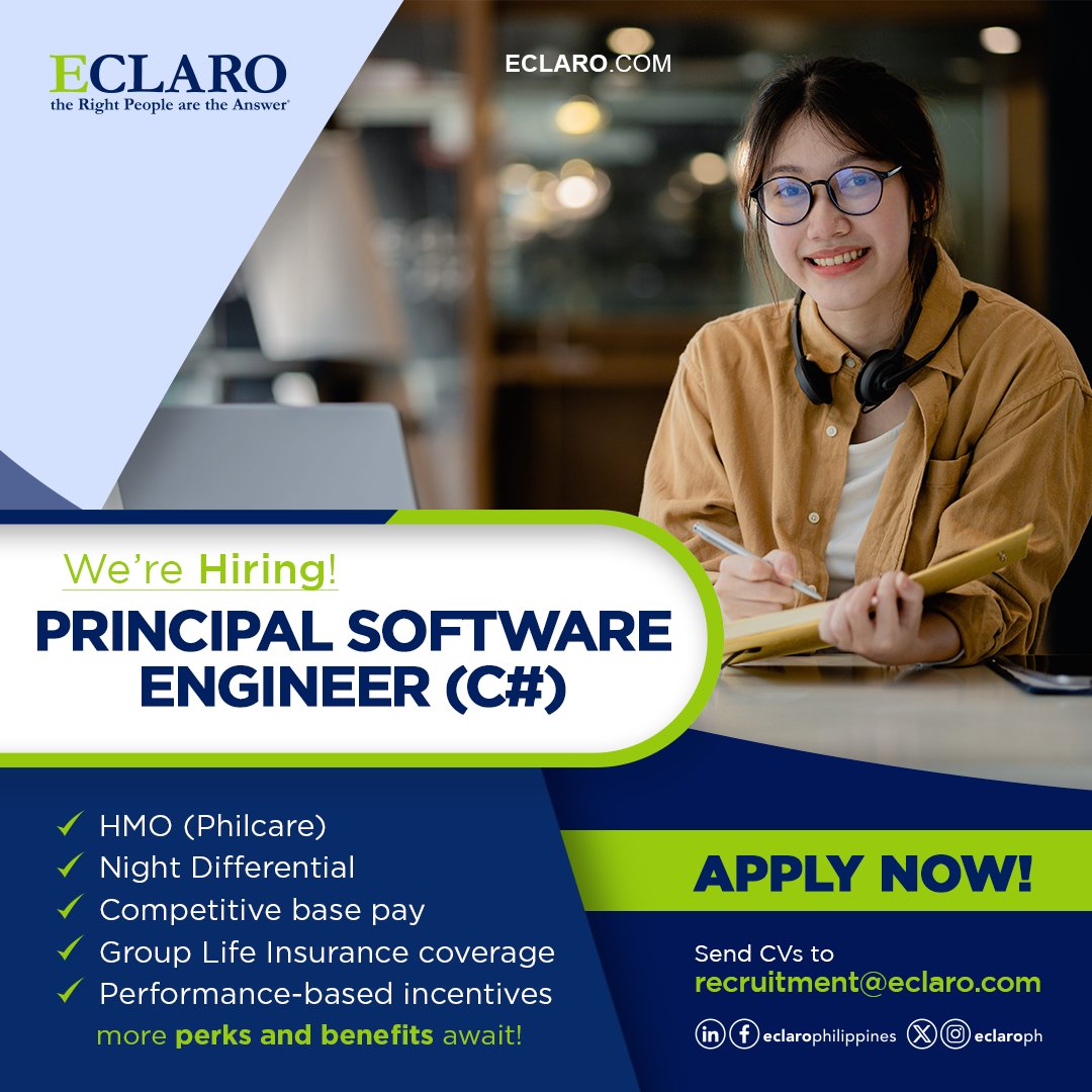 EclaroPh's tweet photo. An opportunity for a Principal Software Engineer is available with a global client building modern C# solutions for large-scale business applications.

Send your CV to recruitment@eclaro.com

Don't forget to mention where you've seen us. 😉

#ECLARO #ECLAROCareers #jobsph https://t.co/WwNzHveTUa
