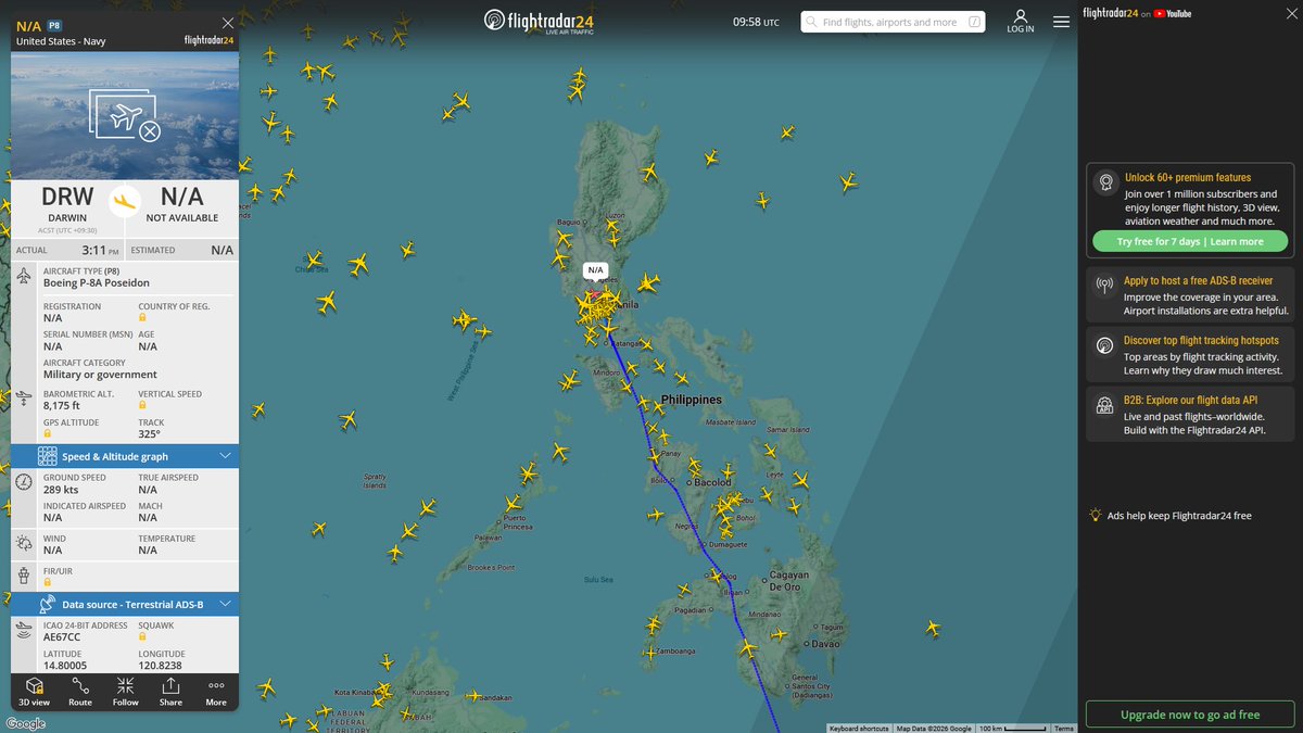 AIYeyENGDdJkjTr's tweet photo. July 5, 2026
#RAAF Base Darwin ==> #Clark Air Base, Philippines
#NoCALLSIGN #AE67CC USN P-8A Poseidon https://t.co/RwiyVyjt5H