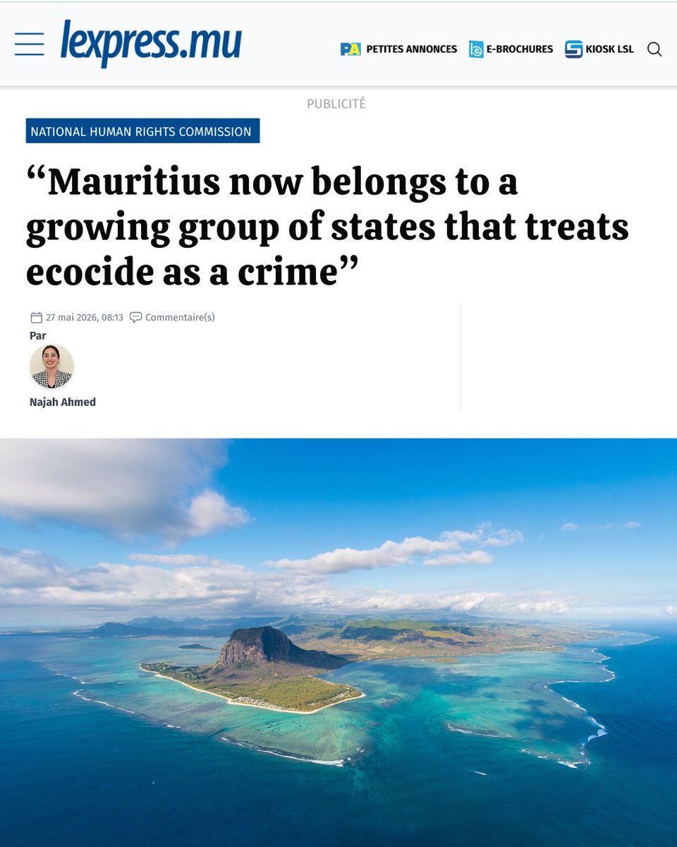 EcocideLaw's tweet photo. "Mauritius now belongs to a growing group of states that treat #ecocide as a crime"

An article by Najah Ahmed (Mauritius National Human Rights Commission) for @lexpressmaurice discusses the country's introduction of #ecocidelaw.

Full story: https://t.co/6epGzm3REE

#StopEcocide https://t.co/w9DbB6dsNb