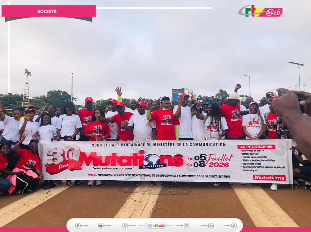 CRTV_web's tweet photo. À l’occasion de la célébration de son 30e anniversaire, le quotidien #Mutations a réuni plusieurs générations de journalistes et figures publiques ce 05 juillet 2026. Ceci pour une marche sportive sur un parcours reliant le carrefour Bastos au Parcours Vita.
#Cameroun
#Medias https://t.co/58zJQxnefc