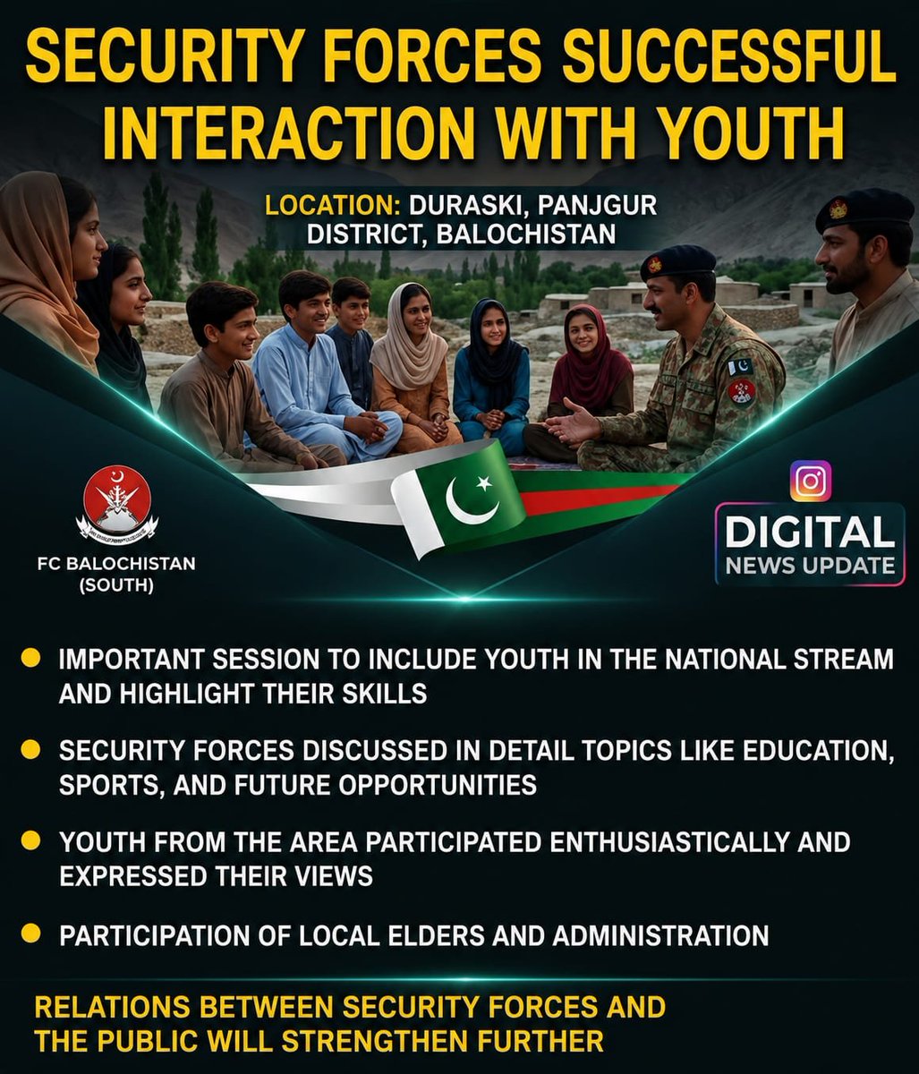 Sidra_501's tweet photo. Security forces held an interactive youth session in Panjgur, Balochistan, focusing on education, sports, and future opportunities, strengthening ties with the local community.
#Duraski #Balochistan #SecurityForces #YouthInteraction https://t.co/xiJidialNp