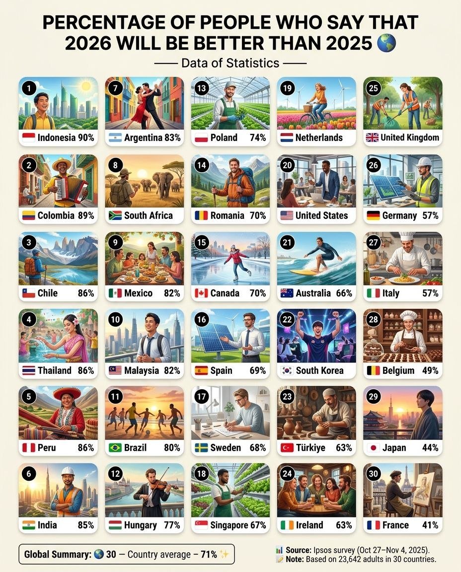 DataOfStats's tweet photo. Percentage of People Who Say That 2026 Will Be Better Than 2025 🌎 

1. 🇮🇩 Indonesia — 90%
2. 🇨🇴 Colombia — 89%
3. 🇨🇱 Chile — 86%
4. 🇹🇭 Thailand — 86%
5. 🇵🇪 Peru — 86%
6. 🇮🇳 India — 85%
7. 🇦🇷 Argentina — 83%
8. 🇿🇦 South .Africa — 82%
9. 🇲🇽 Mexico — 82%
10. 🇲🇾 Malaysia — 82%
11. 🇧🇷 Brazil — 80%
12. 🇭🇺 Hungary — 77‰
13. 🇵🇱 Poland — 74%
14. 🇷🇴 Romania — 70%
15. 🇨🇦 *Canada — 70%
16. 🇪🇸 Spain — 69%
17. 🇸🇪 Sweden — 68%
18. 🇸🇬 Singapore — 67%
19. 🇳🇱 Netherlands — 67%
20. 🇺🇸 United States — 66%
21. 🇦🇺 Australia — 66%
22. 🇰🇷 South Korea — 65%
23. 🇹🇷 Türkiye — 63%
24. 🇮🇪 Ireland — 63%
25. 🇬🇧 United Kingdom — 58%
26. 🇩🇪 Germany — 57%
27. 🇮🇹 Italy — 57%
28. 🇧🇪 Belgium — 49%
29. 🇯🇵 Japan — 44%
30. 🇫🇷 France — 41%

🌎 30 — Country average — 71%

📝 Note: Based on an Ipsos survey (Oct 27–Nov 4, 2025) of 23,642 adults in 30 countries, 71% believe 2026 will be better than 2025.