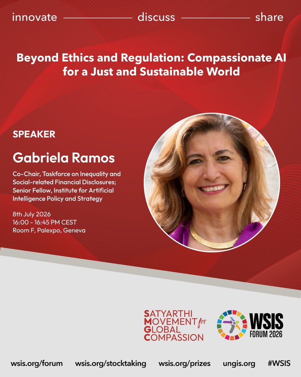smgc_official's tweet photo. We're honoured to bring together an exceptional panel of global leaders, policymakers, industry experts, and changemakers for 'Beyond Ethics and Regulation: Compassionate AI for a Just and Sustainable World' at the WSIS Forum 2026 in Geneva.

From international governance and responsible innovation to human rights and ethical technology, these distinguished speakers will explore how compassion can move beyond principle to become a guiding force in the design, governance, and deployment of AI.

Join us as we reimagine an AI future that serves humanity, advances justice, and leaves no one behind.

@tlamanauskas @gabramosp @A225 @k_satyarthi @sumedhakailash @as_satyarthi @WSISprocess @ITU