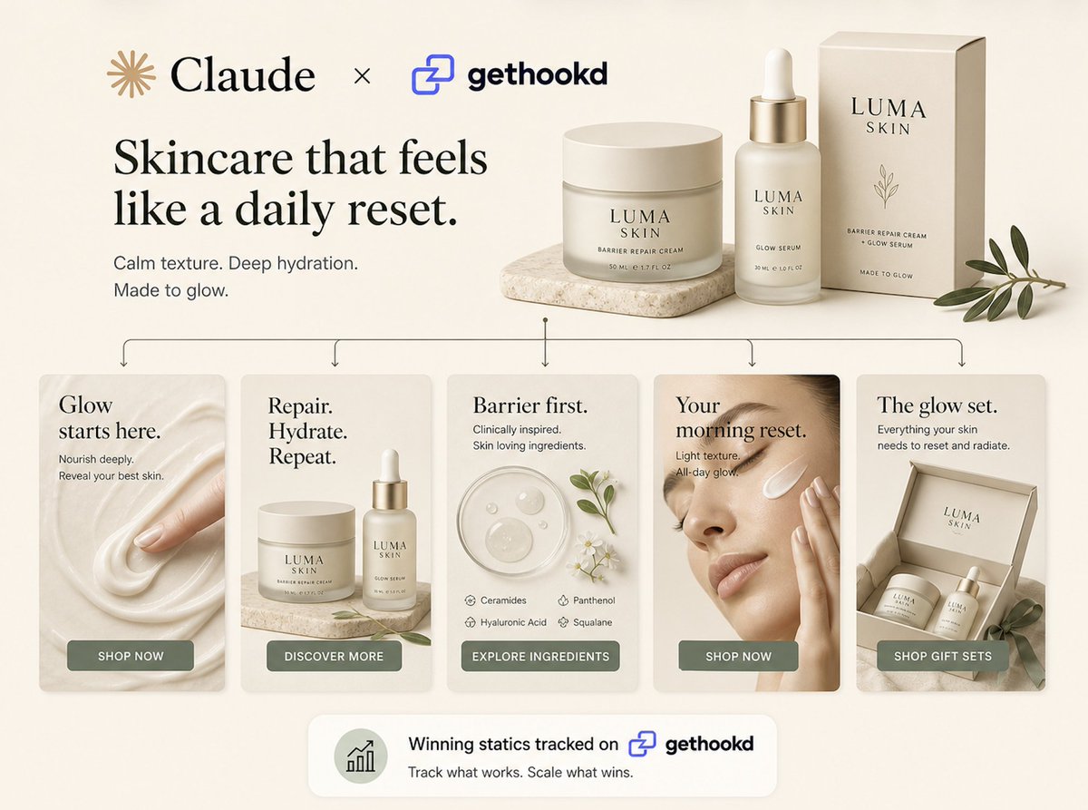 HenryCrochemore's tweet photo. gethookd + claude is a cheat code for skincare brands

most brands make one pretty ad and hope it works

but skincare buyers don’t all buy for the same reason

some want glow
some want hydration
some want barrier repair
some want a simple routine
some want a giftable set
some want their skin to feel reset

same product

different buying triggers

this is why one creative angle is never enough

you need 20 versions of the same offer
framed around 20 different reasons to care

cream texture angle
morning routine angle
ingredient trust angle
skin barrier angle
before-event glow angle
gift set angle
self-care angle
daily reset angle

claude helps you map the angles

gethookd helps you turn them into ads

then you track what wins
kill what doesn’t
and scale the angle buyers actually want

pretty brands guess

profitable brands test angles
until the market tells them what to say

rt + comment “skincare” and i’ll send you the claude prompt for generating ad angles

must follow for dm
