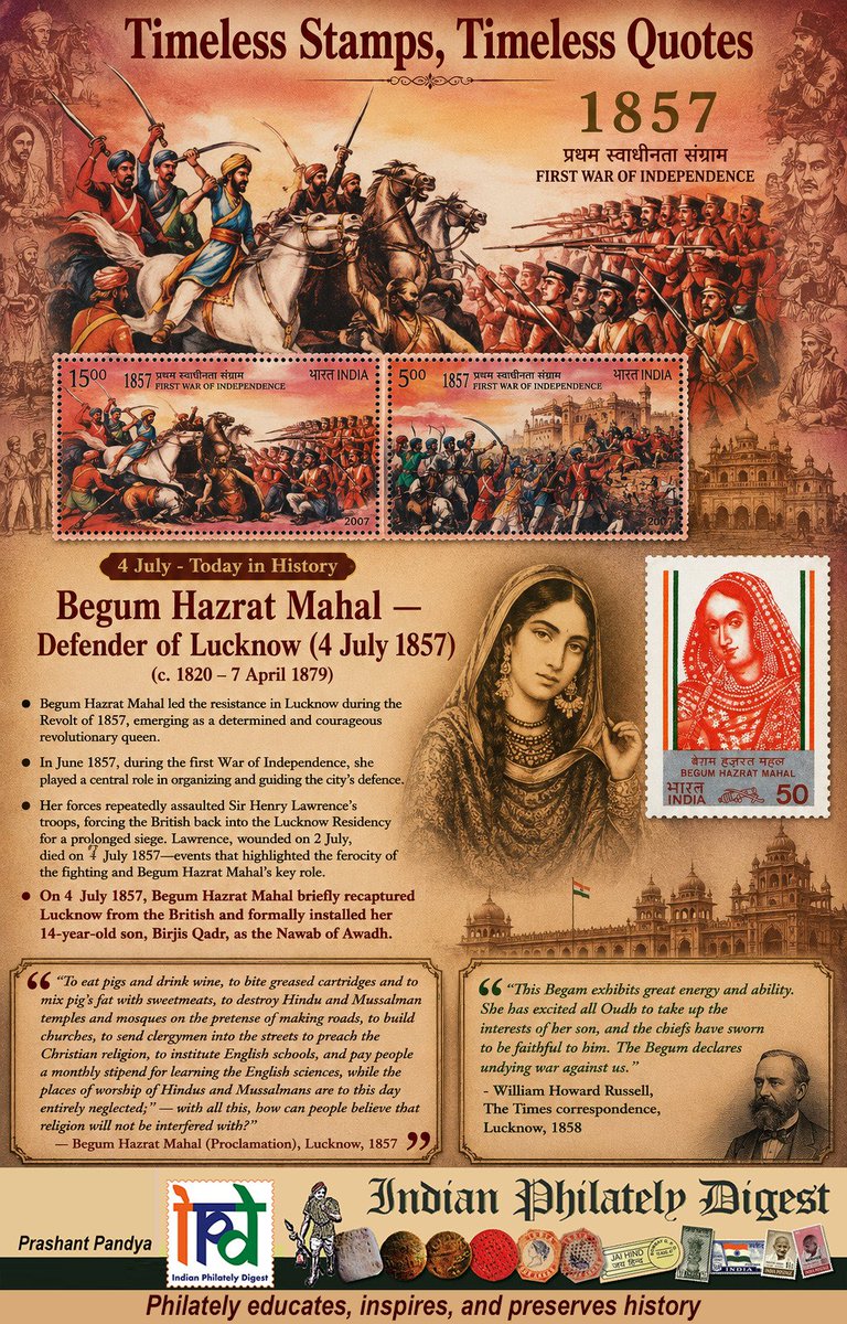ipfdigest's tweet photo. Timeless Stamps, Timeless Quotes

4 July - Today in History
Begum Hazrat Mahal — Defender of Lucknow (4 July 1857)
(c. 1820 – 7 April 1879)

#philately
#FirstWarOfIndependence
#BegumHazratMahal
#lucknow https://t.co/8jcsvazuat