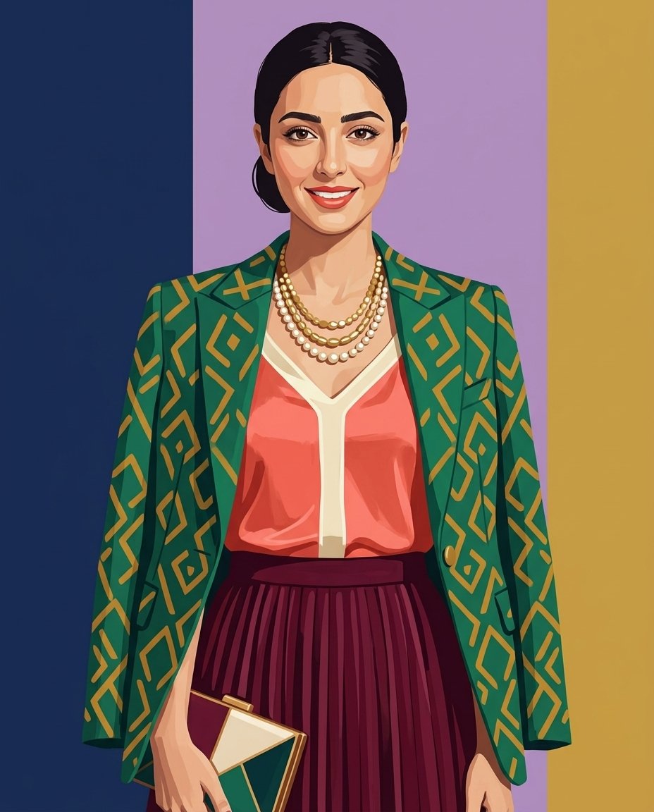 IS7MI's tweet photo. Prompt 🖼⤵️

Use the uploaded face as the ONLY facial reference. Preserve my identity exactly with 100% facial consistency—same face shape, eyes, eyebrows, nose, lips, ears, hairstyle, skin tone, facial proportions, age, and ethnicity. Do not alter or beautify the face.

Fashion digital painting illustration, waist-up, vertical 4:5 composition. The subject wears a completely different high-fashion outfit with a modern designer aesthetic (avoid the original clothing), featuring fresh color combinations such as emerald green, coral, lavender, ivory, teal, mustard, or burgundy, with elegant geometric patterns, layered fabrics, metallic accents, and stylish accessories. Hair styled in a neat low bun, confident natural smile, looking directly at the camera.

Background with new bold geometric color-block panels in a different palette from the outfit, creating strong contrast and a premium editorial feel. Flat painterly luxury fashion illustration style, clean shapes, vibrant colors, refined brushwork, contemporary magazine-quality composition, crisp edges, rich textures, and high detail while keeping the uploaded face perfectly recognizable.