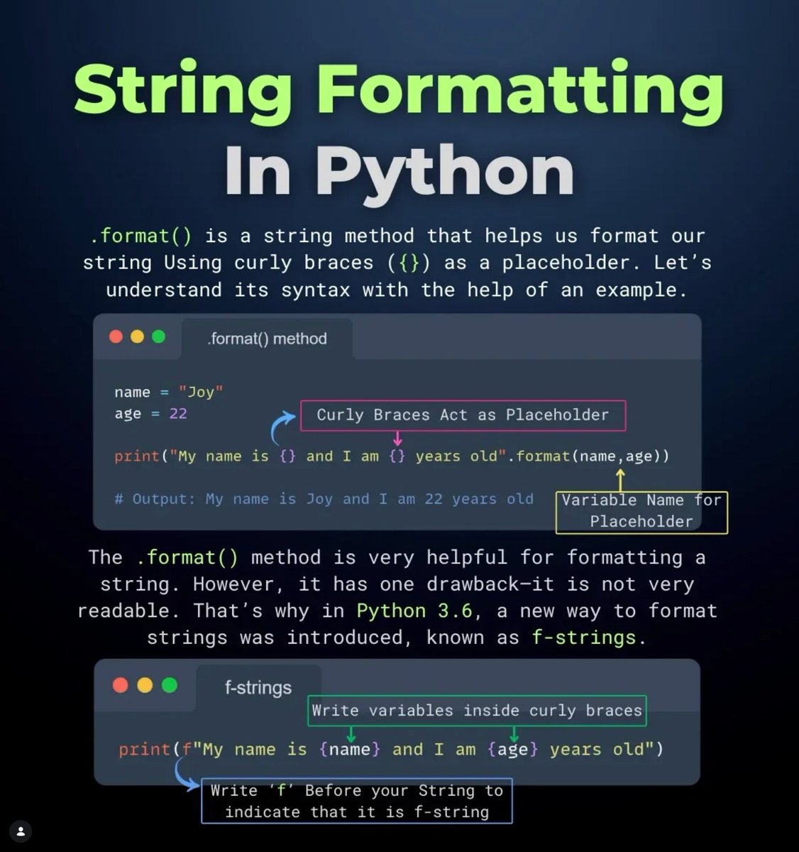 PyInsiders's tweet photo. String formatting in python with example 🔥 💪 

Definition:  String formatting is a way to combine your string and variable together  to make a sentence that effectively describes your message to the user. https://t.co/7EAUZ0cZ8W
