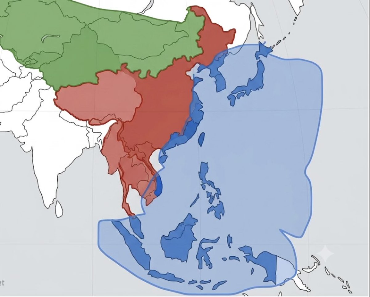 Pr_Sarakiel's tweet photo. Asia should divide about it 
Green: Nomadic Inner Asia 
Red: Peasant's Proper Aisa 
Blue: Oceanic Outer Asia 
China is a triple paradoxical Empire 
Resources, Elites and technology are  from the Blue 
Energy are from Green 
But main population and government located in Red https://t.co/ylA5iV8gGA