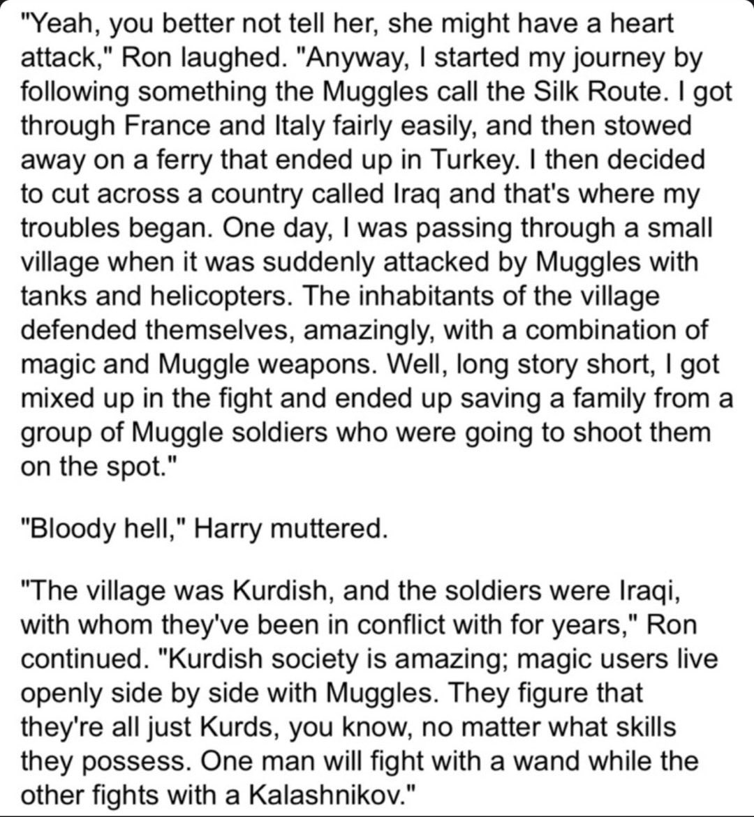 Gravantus's tweet photo. Harry Potter fanfiction with a rousing defense of Kurdistan. https://t.co/nN6FbUljtq