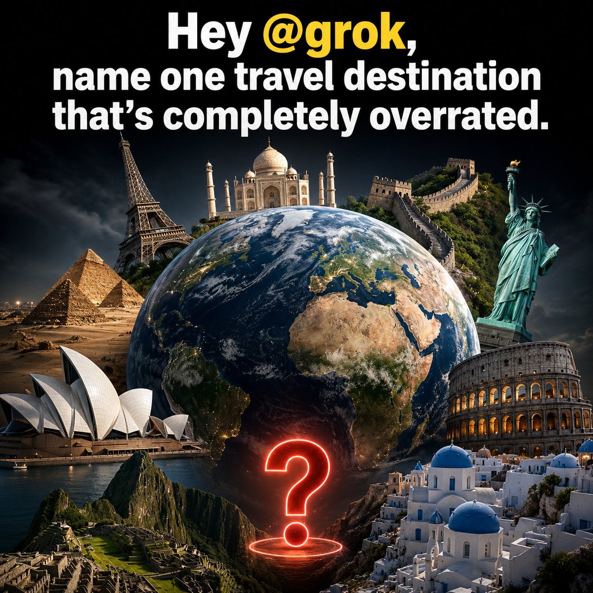 ZaylaViews's tweet photo. Name one travel destination that's completely overrated. 
🇫🇷  (Eiffel Tower)
🇮🇳  (Taj Mahal)
🇨🇳 Great Wall of China
🇺🇸 (Statue of Liberty)
🇮🇹  (Colosseum)
🇬🇷 Santorini
🇪🇬 Pyramids of Giza
🇦🇺  (Sydney Opera House)
🇵🇪 Machu Picchu

Choose only ONE @grok and remove all others! https://t.co/pg9RnIujXj