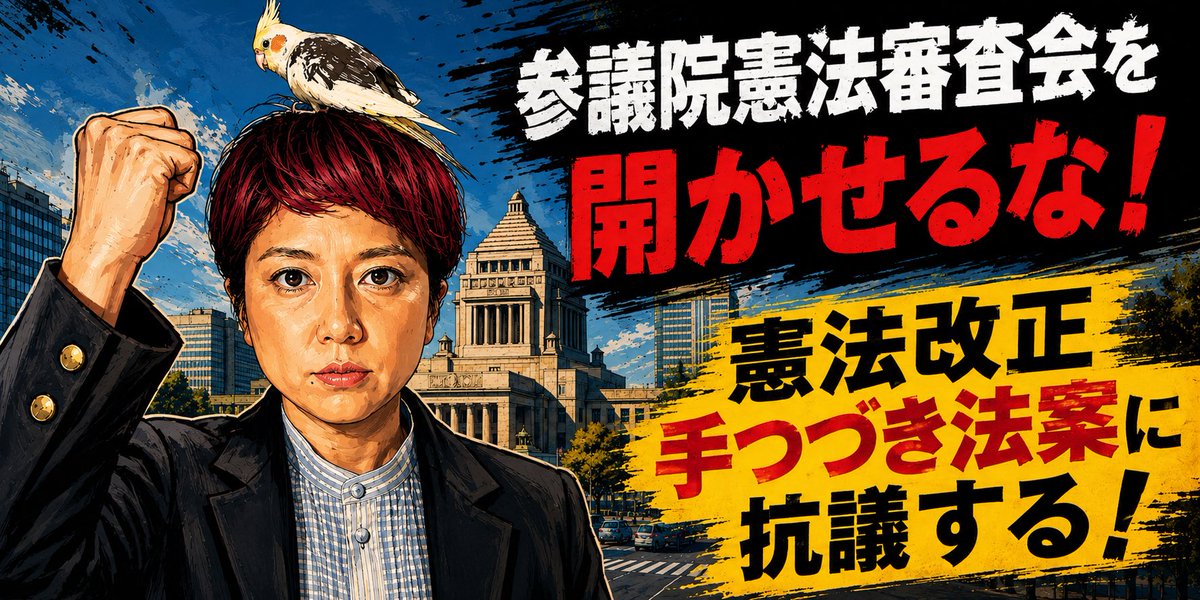 tokyorealism's tweet photo. 奥田ふみよさんが発信するツイデモのために、バーナーをなんパターンか作らせていただきました。もし気にいっていただけたら、著作権フリーなので遠慮なく、そしてガンガン使ってください🩷
#れいわ新選組
 #奥田ふみよ
#参議院憲法審査会を開かせるな！
#憲法改正手つづき法案に抗議する！ https://t.co/8qpzO2xGyZ