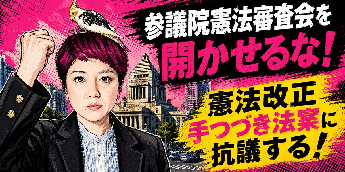 tokyorealism's tweet photo. 奥田ふみよさんが発信するツイデモのために、バーナーをなんパターンか作らせていただきました。もし気にいっていただけたら、著作権フリーなので遠慮なく、そしてガンガン使ってください🩷
#れいわ新選組
 #奥田ふみよ
#参議院憲法審査会を開かせるな！
#憲法改正手つづき法案に抗議する！ https://t.co/8qpzO2xGyZ