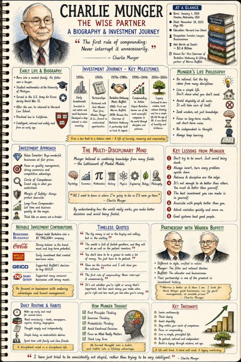 iHamadFahad7's tweet photo. أبرز الأفكار من تشارلي مونغر (Charlie Munger)

1. لا تحاول أن تبدو ذكي، تجنب فقط أن تكون غبيًا

كان مونغر يرى أن النجاح يأتي غالبًا من تجنب الأخطاء الكبيرة أكثر من البحث عن القرارات العبقرية.

"الذكاء الحقيقي هو تقليل الحماقات المتكررة."

2. قوة الفائدة المركبة تحتاج إلى الصبر

أشهر قاعدة لدى مونغر:

“القاعدة الأولى للفائدة المركبة: لا تقاطعها دون سبب.”

الثروة والمهارات والعلاقات كلها تنمو بالتراكم، وليس بالقفزات السريعة.

⸻

3. استثمر في نفسك أولًا

أفضل استثمار يمكنك القيام به هو تطوير معرفتك، ومهاراتك، وطريقة تفكيرك.

المعرفة المركبة تحقق عوائد أعلى من أي أصل مالي.

⸻

4. ابنِ عقلًا متعدد التخصصات

لا تعتمد على مجال واحد فقط.

مونغر كان يربط بين:

علم النفس
الاقتصاد
الرياضيات
التاريخ
الفيزياء
الهندسة
الأحياء
الفلسفة

كلما اتسعت نماذجك الذهنية، تحسنت قراراتك.

⸻

5. لا تستثمر فيما لا تفهمه

ابقَ داخل دائرة كفاءتك.

ليس المطلوب أن تعرف كل شيء، بل أن تعرف جيدًا حدود ما تعرفه.

⸻

6. ركّز على الجودة لا الكثرة

اشترِ شركات ممتازة بسعر عادل، بدلًا من شركات متوسطة بسعر رخيص.

الأعمال العظيمة تزداد قيمتها مع مرور الوقت.

⸻

7. هامش الأمان يحميك

لا تعتمد على أفضل السيناريوهات.

اترك دائمًا مساحة للخطأ والمفاجآت قبل اتخاذ أي قرار استثماري أو حياتي.

⸻

8. الصبر ميزة تنافسية

في عالم يبحث عن النتائج السريعة، كان مونغر يرى أن القدرة على الانتظار تمنح أفضلية يصعب تقليدها.

⸻

9. البيئة أهم من الإرادة

أحط نفسك بأشخاص أذكى وأكثر أخلاقًا منك.

سترتفع إلى مستوى البيئة التي تعيش فيها.

⸻

10. اعترف بخطئك بسرعة

كلما اعترفت بخطئك مبكرًا، انخفضت تكلفة تصحيحه.

التمسك بالقرار الخاطئ بسبب الكبرياء هو من أكثر الأخطاء تكلفة.

⸻

فلسفة تشارلي مونغر في الحياة

كن عقلانيًا.
عش حياة بسيطة.
تجنب الغباء قبل البحث عن العبقرية.
اطلب الحكمة لا الشهرة.
ركز على النتائج طويلة المدى.
فكّر باستقلالية.
تعلم باستمرار حتى آخر يوم في حياتك.

⸻

طريقة تفكير مونغر

التفكير بالمبادئ الأولى (First Principles Thinking).
التفكير العكسي (Invert, Always Invert).
التفكير الاحتمالي.
اتخاذ القرار بعيدًا عن العواطف.
التركيز على ما يهم فعلًا.
النظر إلى الأثر طويل المدى.

⸻

أشهر اقتباساته

“أكبر الأرباح لا تأتي من الشراء أو البيع، بل من الانتظار.”

“أرِني الحوافز، وسأخبرك بالنتيجة.”

“ليس المهم أن تكون على صواب دائمًا، بل أن تربح كثيرًا عندما تكون على صواب، وتخسر قليلًا عندما تكون مخطئًا.”

“كل ما أريده هو أن أعرف أين سأموت… حتى لا أذهب إلى ذلك المكان.”

⸻

العادات اليومية

الاستيقاظ مبكرًا.
القراءة لساعات كل يوم.
التفكير العميق قبل اتخاذ القرار.
حياة بسيطة بعيدة عن المظاهر.
قضاء الوقت مع أشخاص جيدين.
التعلم المستمر.

⸻

أهم الدروس

تجنب الأخطاء قبل البحث عن الفرص.
دع الزمن يعمل لصالحك.
ابنِ نماذج ذهنية من مجالات متعددة.
استثمر داخل دائرة معرفتك.
ركز على الجودة على المدى الطويل.
الصبر والانضباط يصنعان الثروة.
تعلم كل يوم ولا تتوقف عن القراءة.
أحط نفسك بأشخاص أفضل منك.
صحح أخطاءك بسرعة.
النجاح الحقيقي هو التفكير بوضوح، والعيش ببساطة، واتخاذ قرارات جيدة تتراكم آثارها مع الزمن.